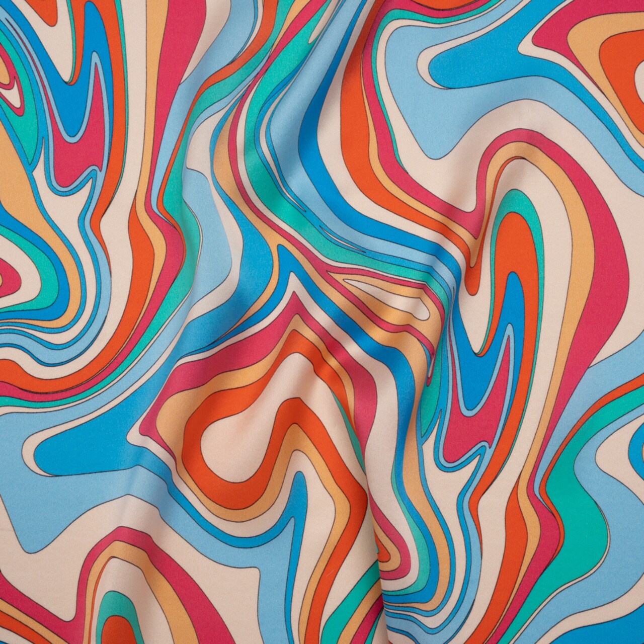 1 Yard Charmeuse Silk Retro Swirl Print Fabric Italian Made Blue, Orange & Pink 53 Inch Width